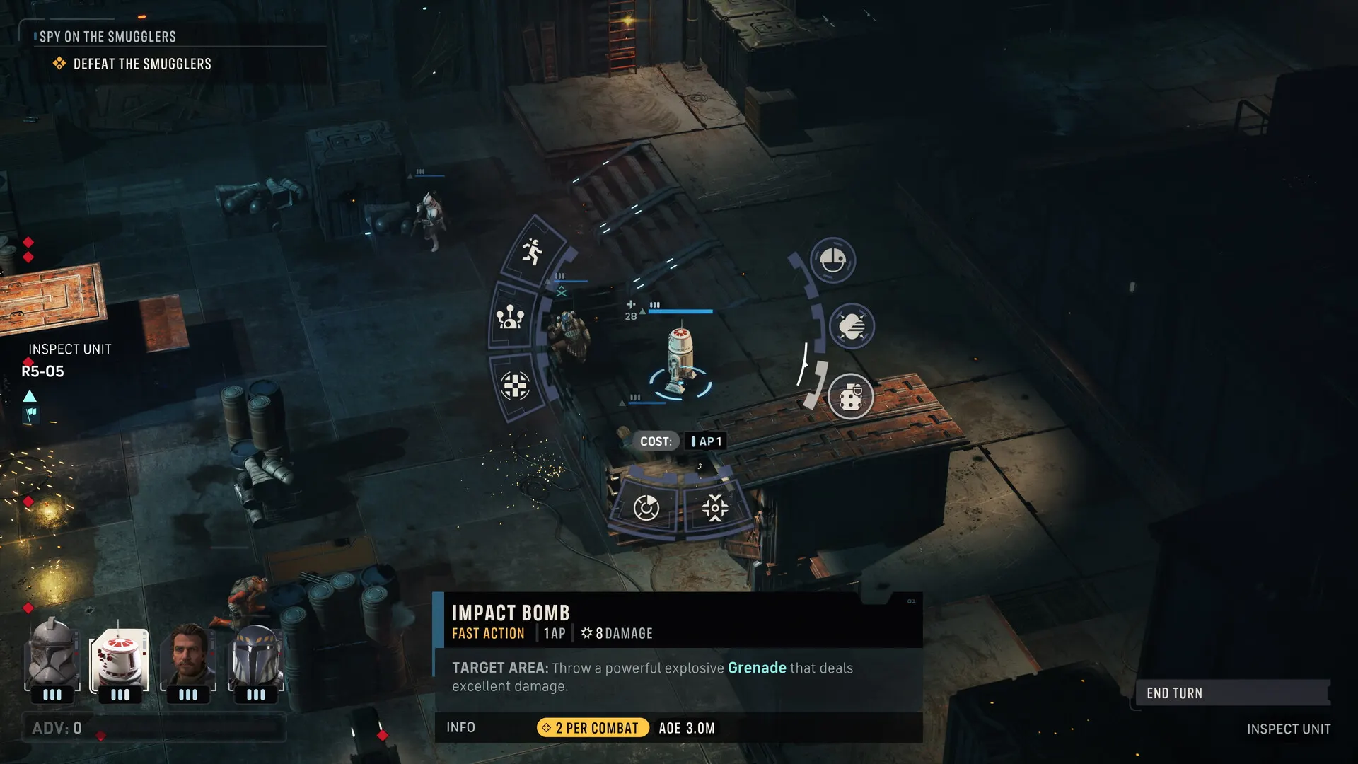 An astromech selected during a Spy on the Smugglers mission, with an Impact Bomb utility action open.