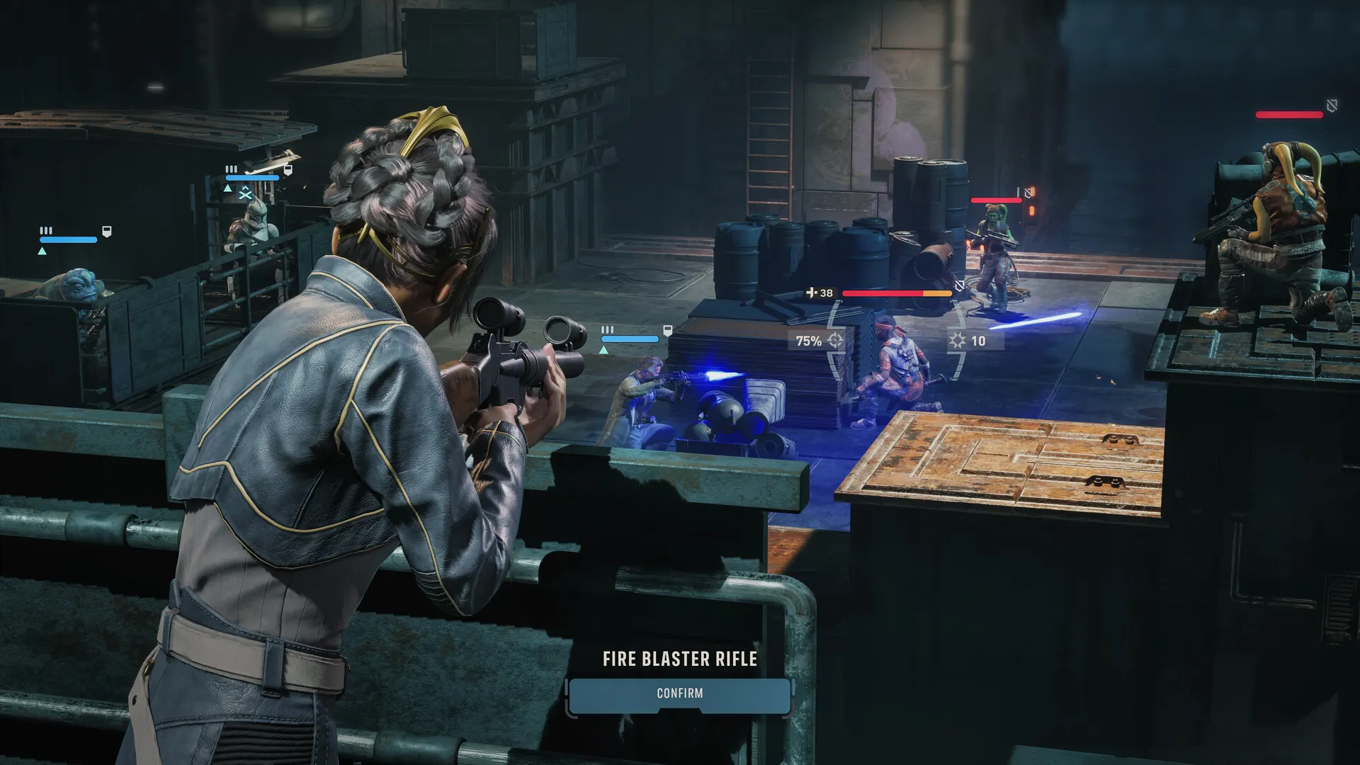 An operator aiming a scoped blaster rifle from a catwalk, with the Fire Blaster Rifle confirm prompt visible.