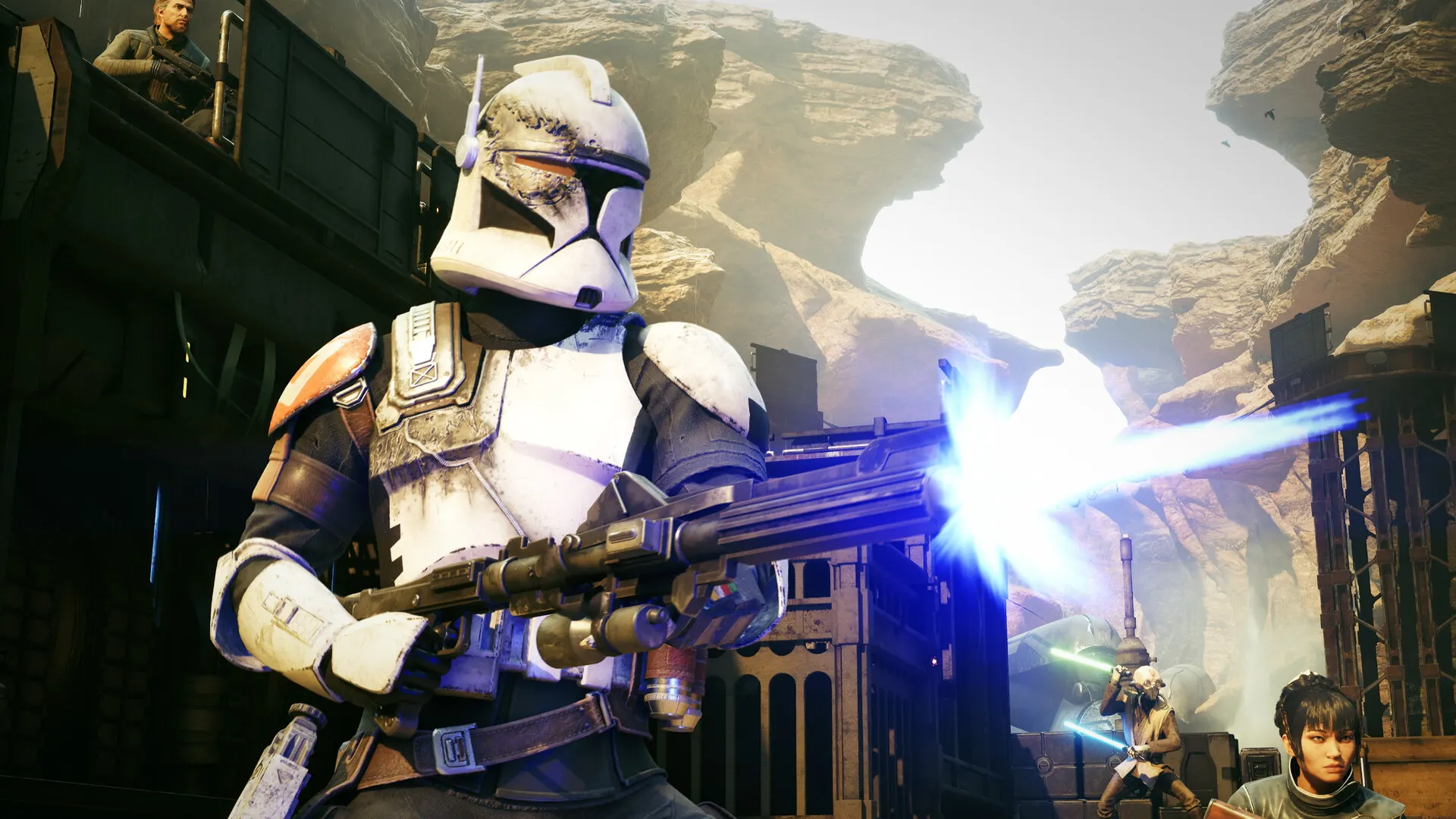 A clone trooper firing a heavy blaster in a canyon depot, with a Jedi and a civilian operator behind him.