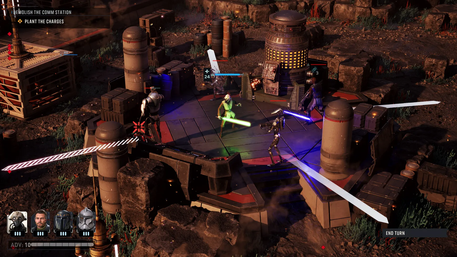 A Tognath Jedi with dual lightsabers planting charges on a comm station while the squad covers the platform.