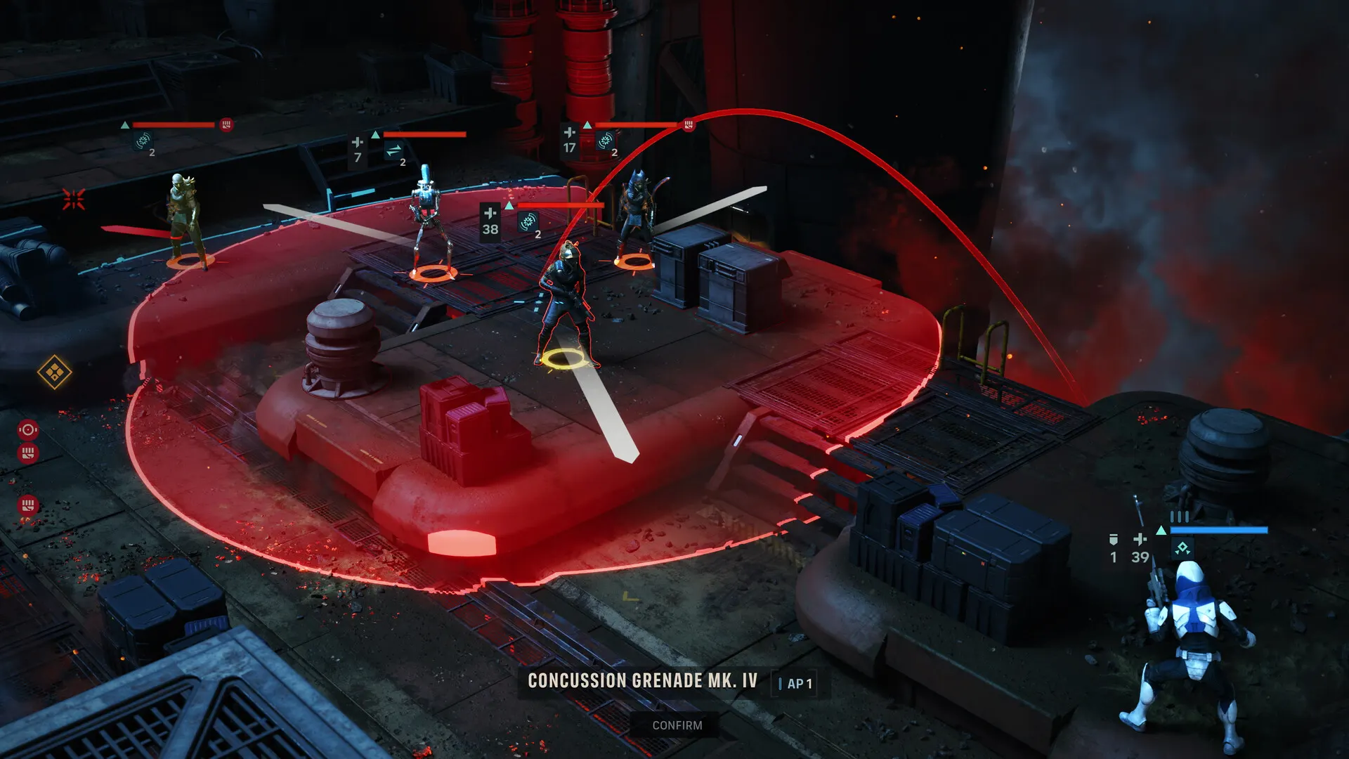 A clone operator lining up a Concussion Grenade Mk. IV arc over a red area-of-effect on a platform.