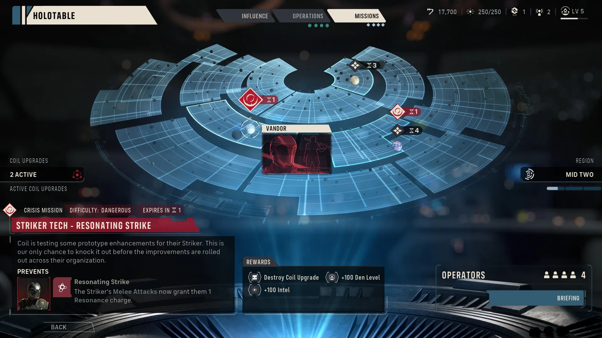 The Den Holotable showing a Vandor crisis mission, Coil upgrades, and a four-operator briefing.