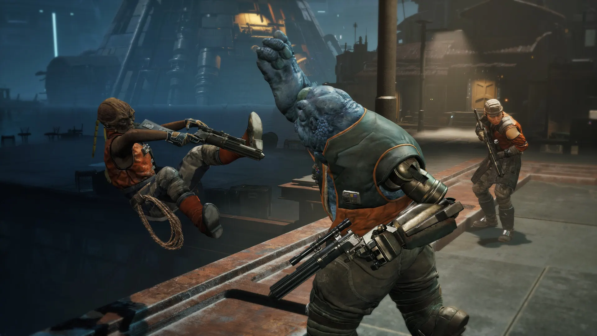 A cybernetically enhanced Felshi brawler kicking an enemy on a dock while a squadmate covers with a blaster.